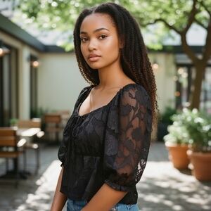 Dee Elly Black Sheer Lace Blouse Puff Sleeve Square Neck Cottagecore Floral XS